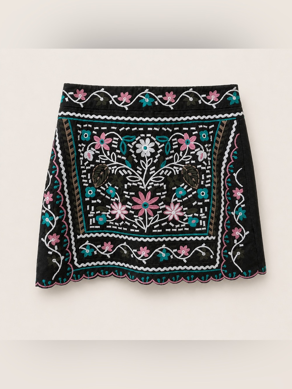Mi Amore Size Small Olive Mini Skirt with Pink, Teal & White Floral Embroidery